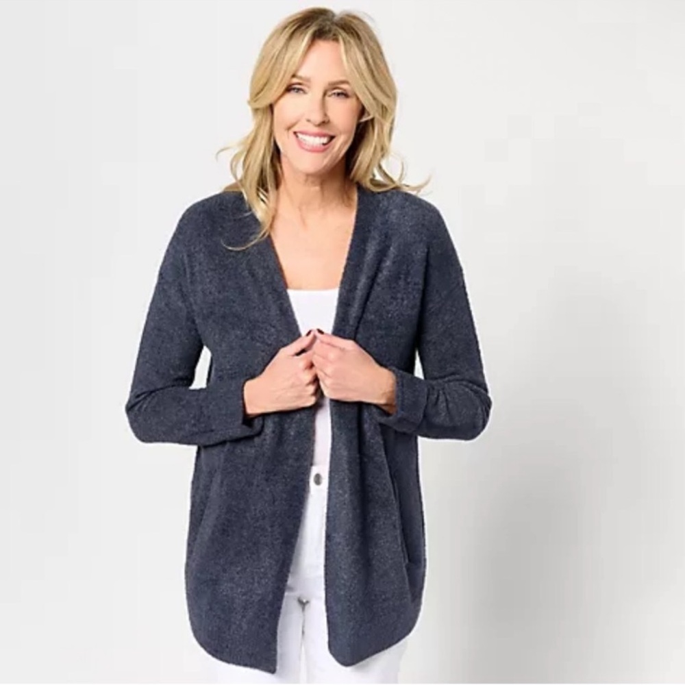 Barefoot Dreams‎ CozyChic Lite Ribbed Cuff Coastline Cardigan Indigo Blue L NEW